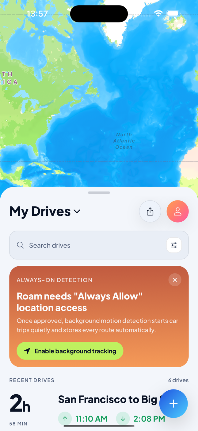 Roam app showing the My Drives feed